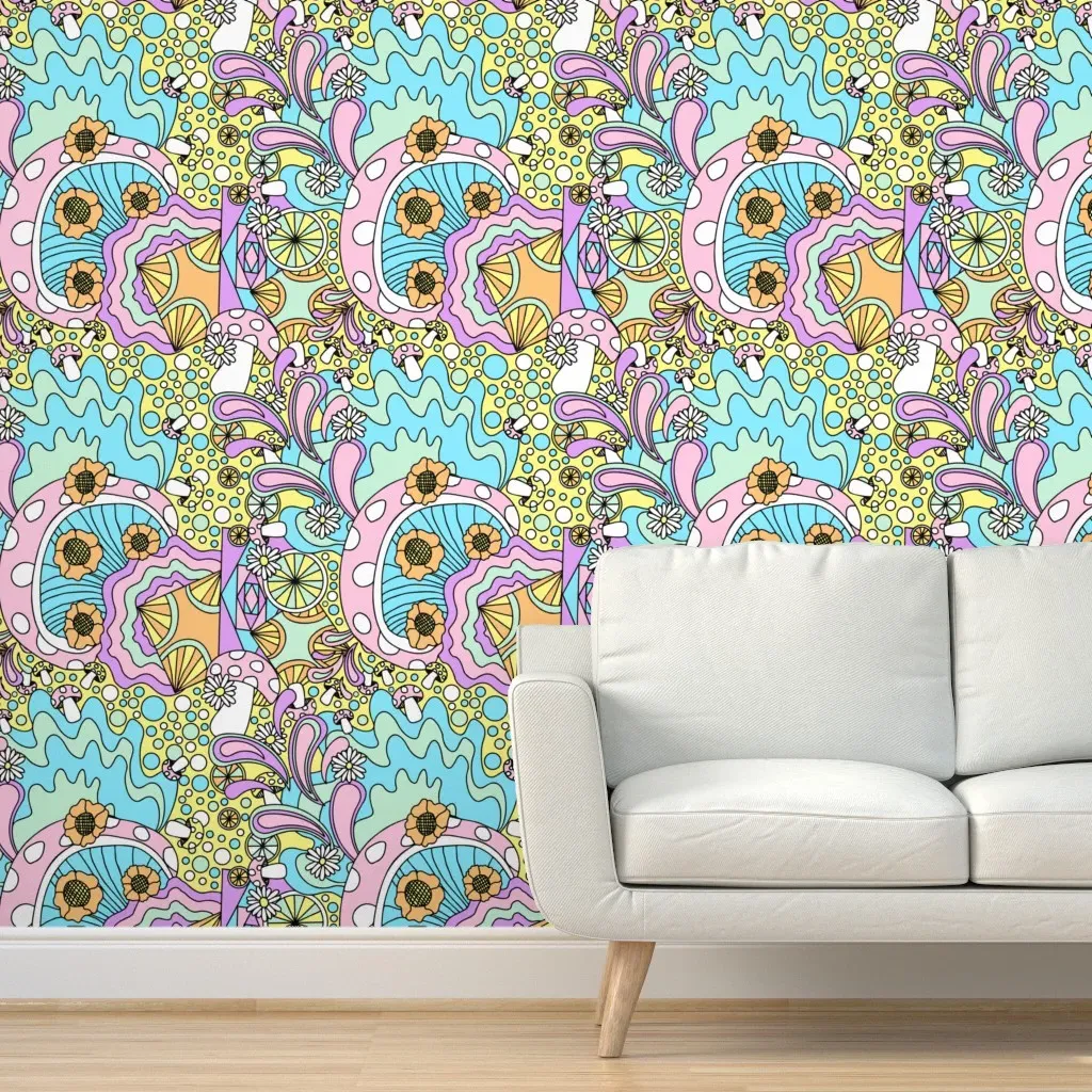 70S Psychedelic Peel and Stick Wallpaper - Pastel Yellow product