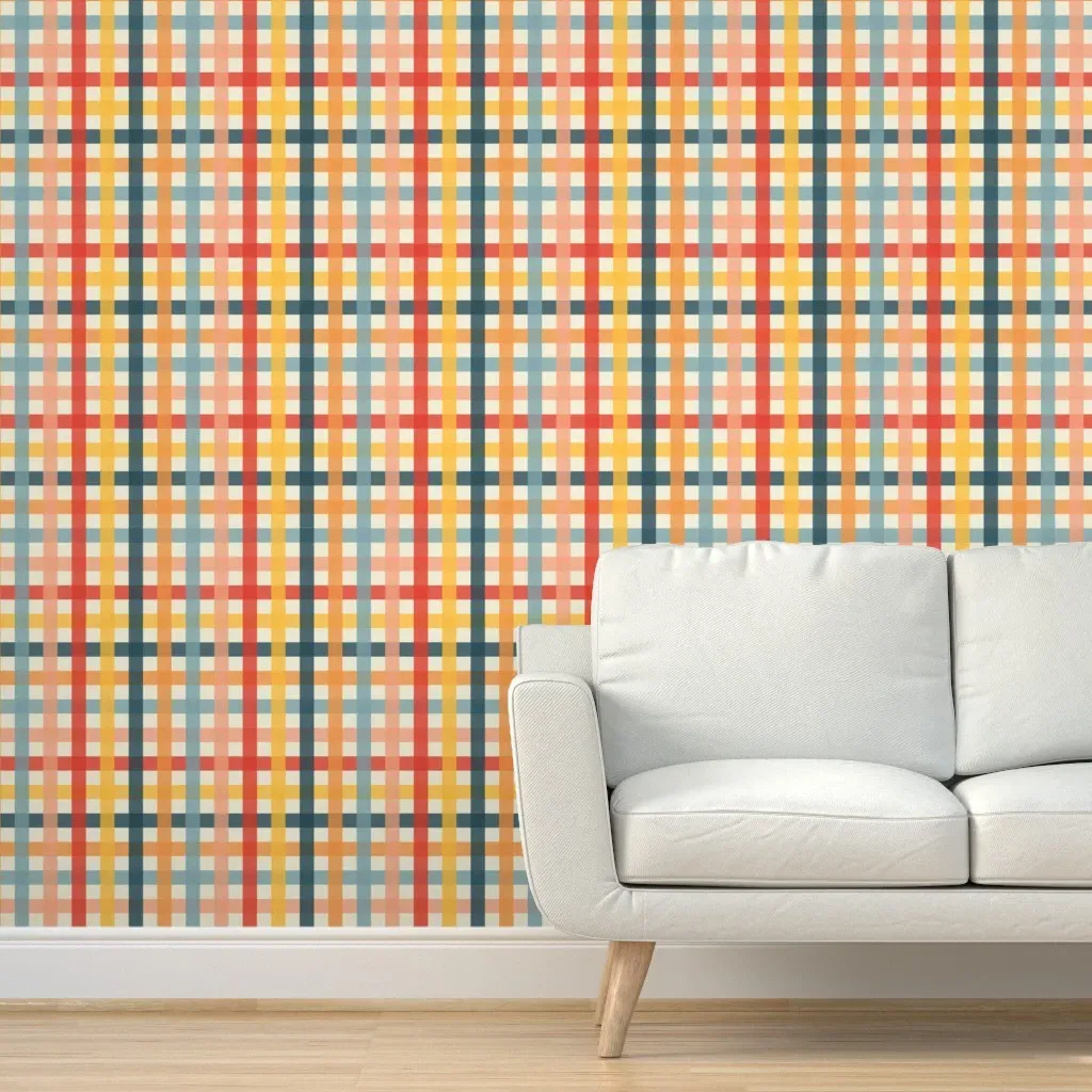 70S Rainbow Plaid Peel and Stick Wallpaper - Red-Orange product