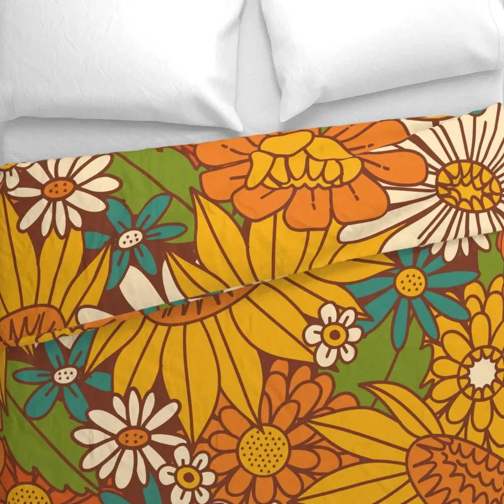 70S Retro Floral Large Duvet Cover - Yellow alternate view