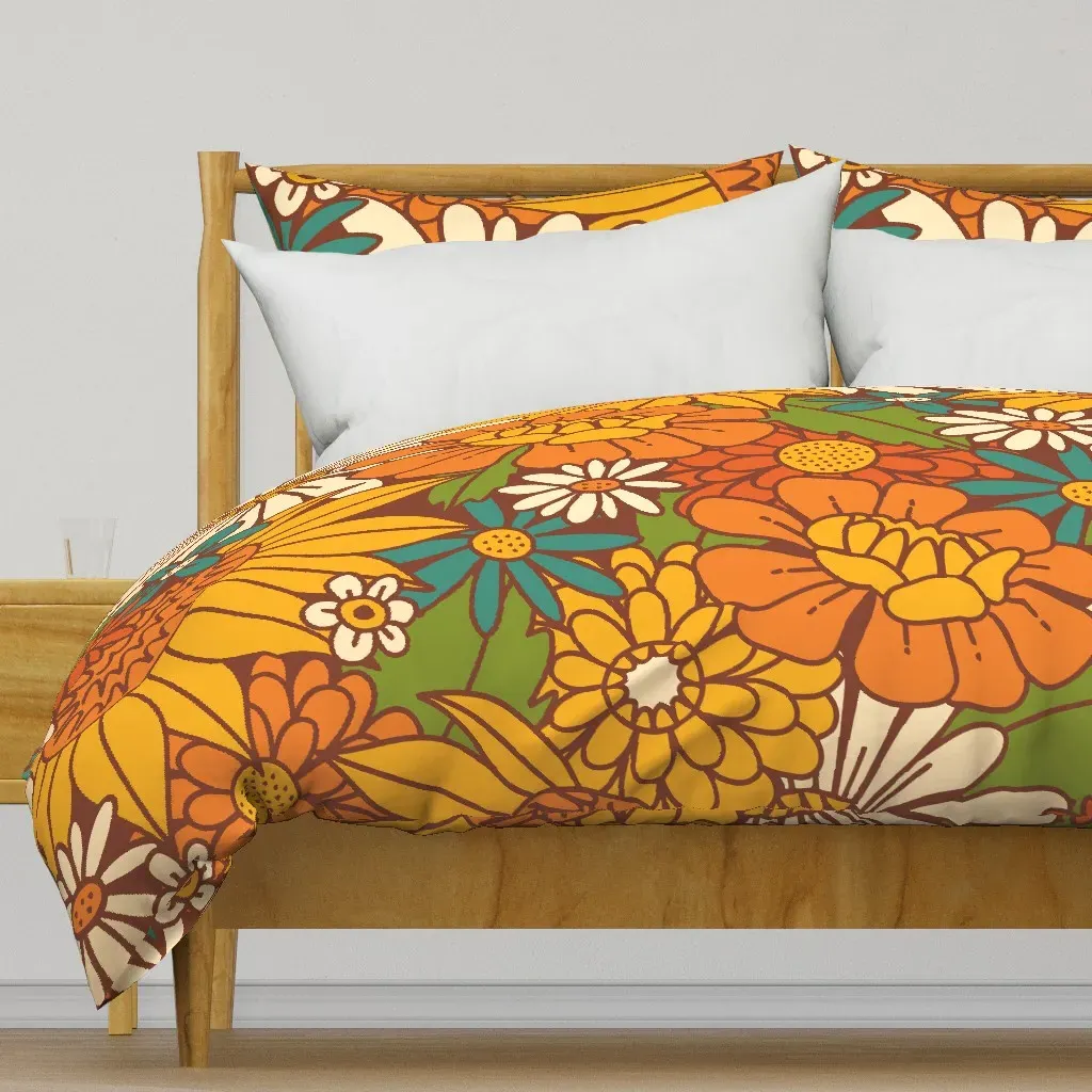 70S Retro Floral Large Duvet Cover - Yellow product