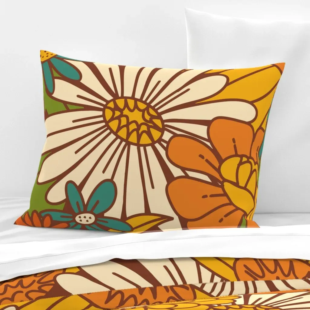 70S Retro Floral Standard Knife Edge Cushion Cover - Yellow, Cotton product