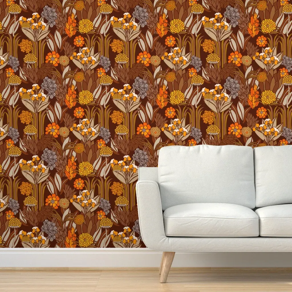 70s Retro Garden Boho Hippie Peel and Stick Wallpaper - Orange product