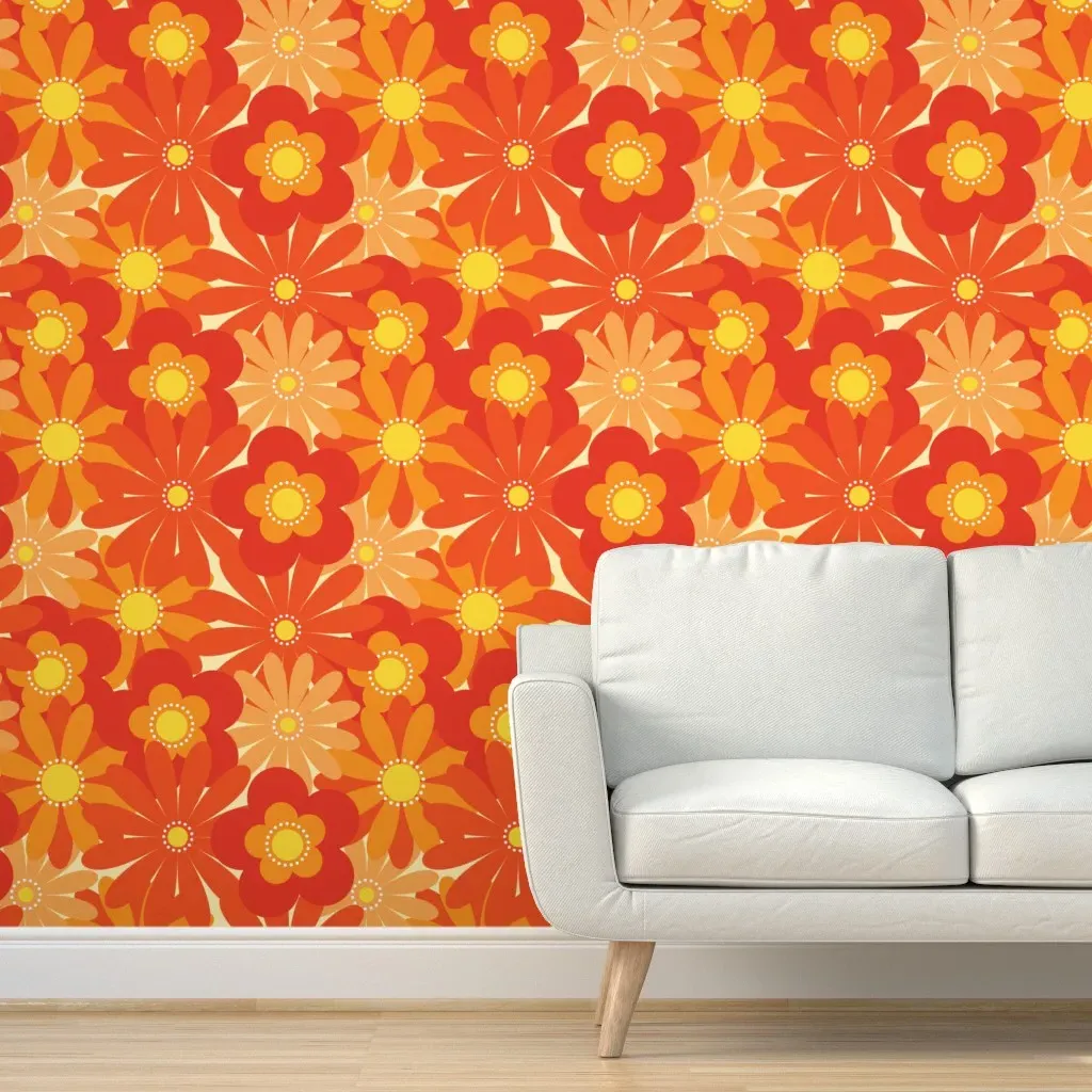70s Summer Flower Power Blossoms Peel and Stick Wallpaper - Orange product