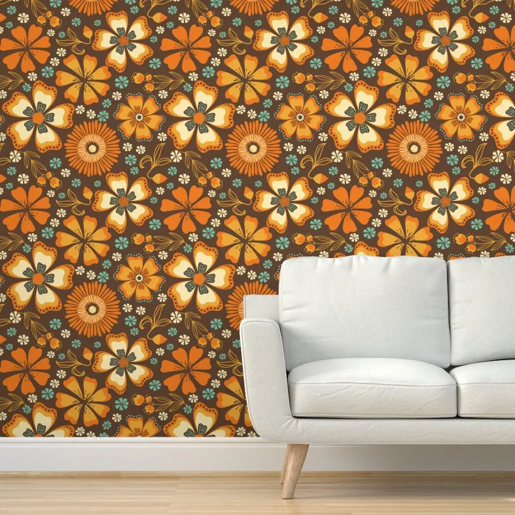 70S Vibes Retro Floral Peel and Stick Wallpaper - Orange, Brown product