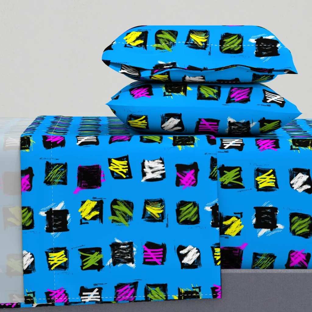 90s Grunge Paint Stroke Squares Queen Sheet Set - Black product