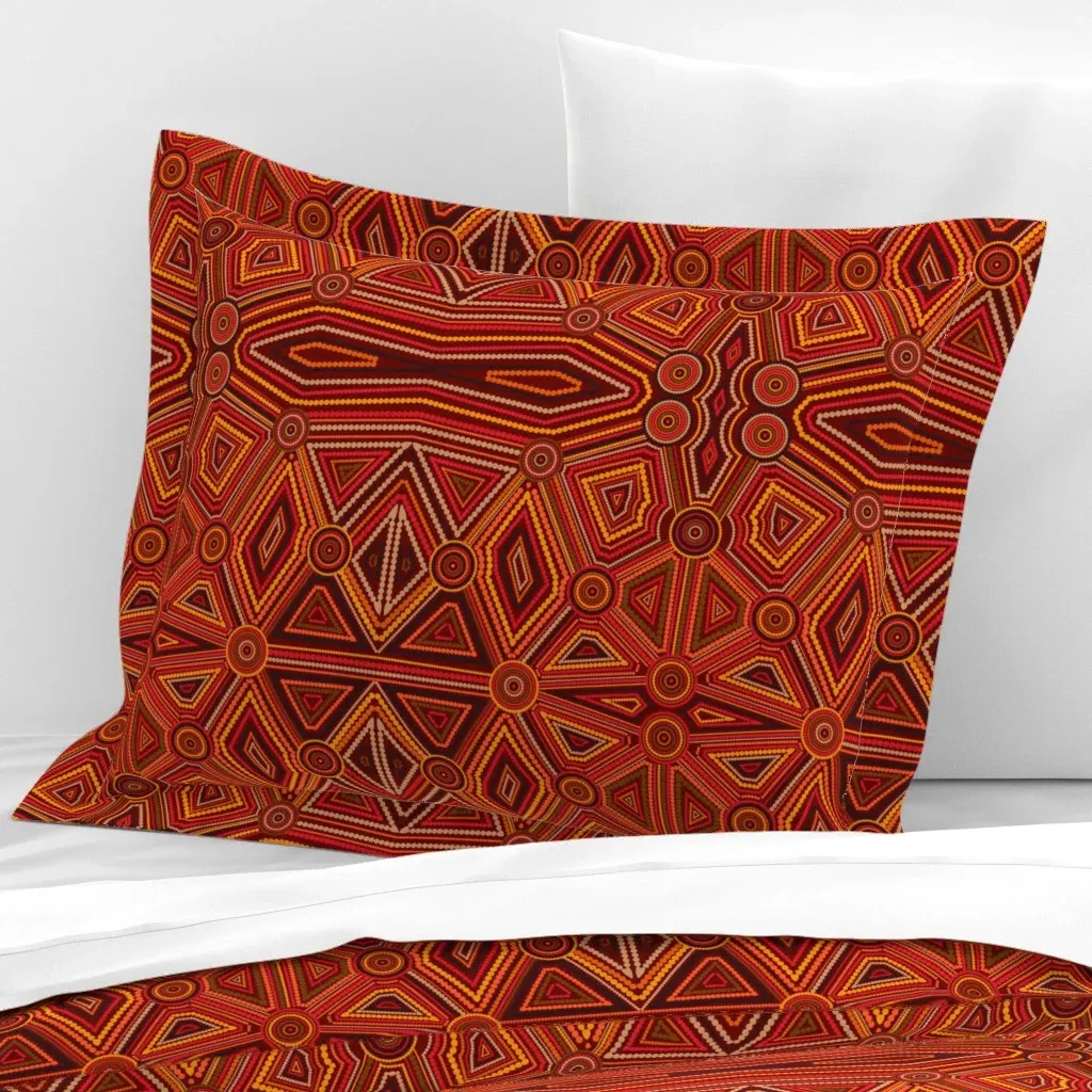Aboriginal Art Inspired Standard Flanged Cushion Cover - Dark Red, Cotton Sateen product