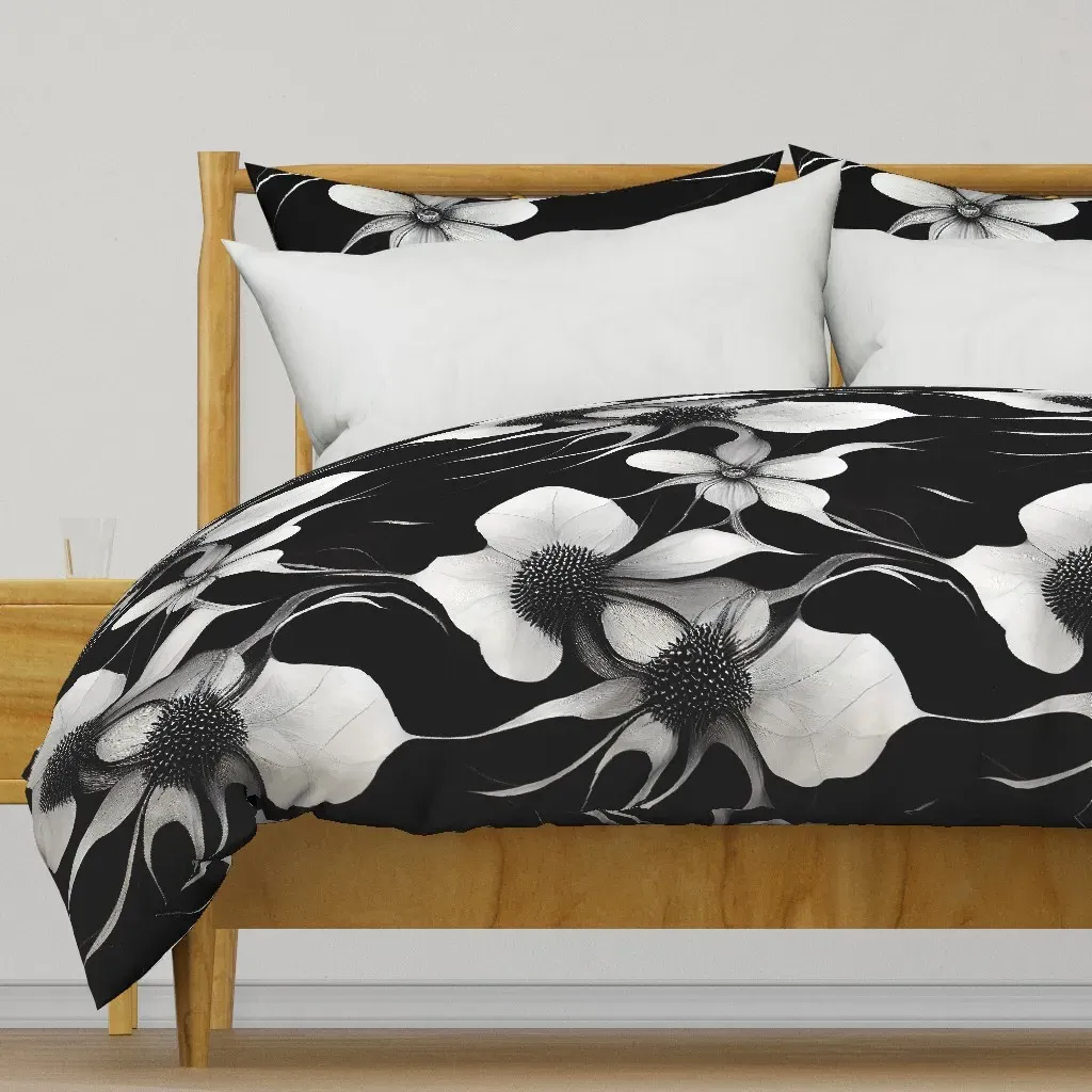 Abstract Black & White Floral Duvet Cover - White product