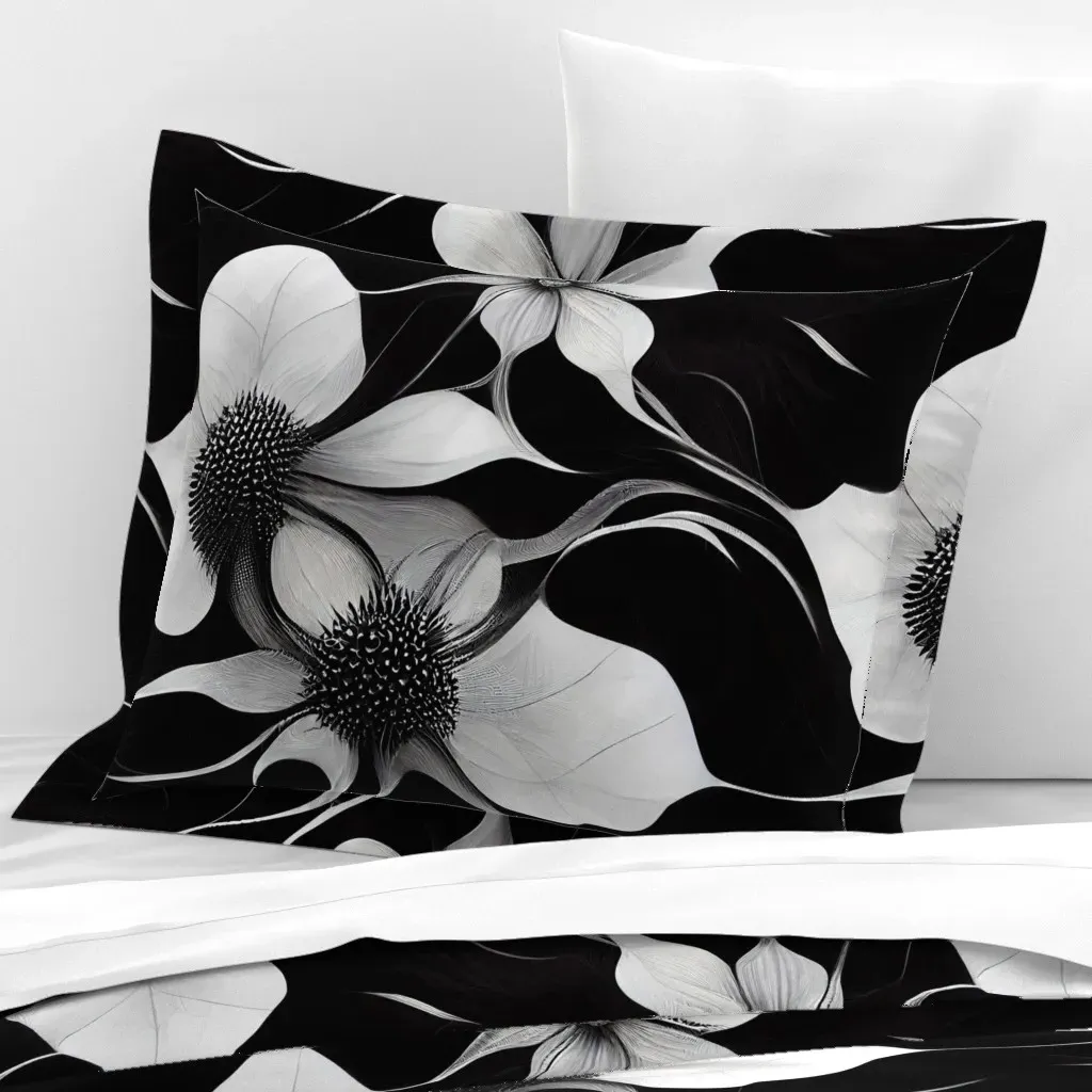 Abstract Black & White Floral Standard Flanged Cushion Cover - White, Cotton Sateen product