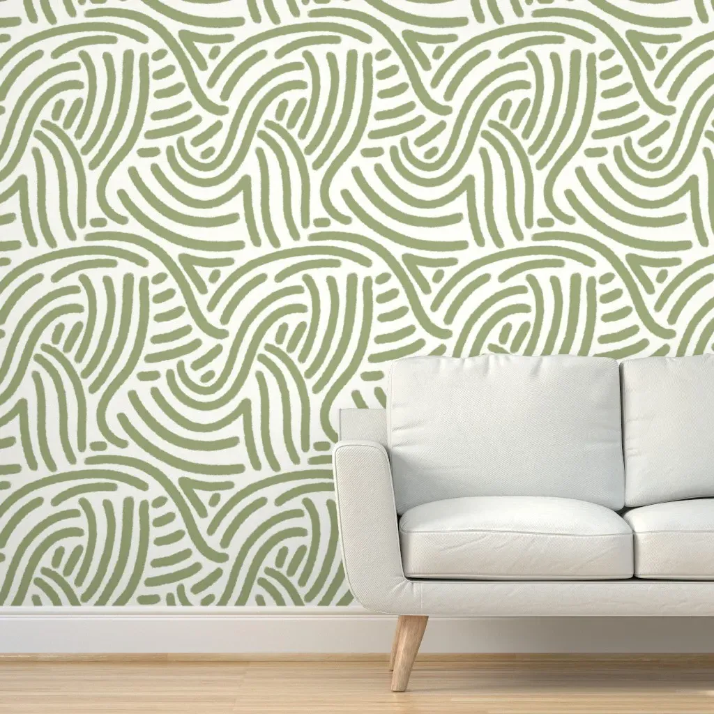 Abstract Hand-Drawn Strokes Peel and Stick Wallpaper - Sage Green, White product