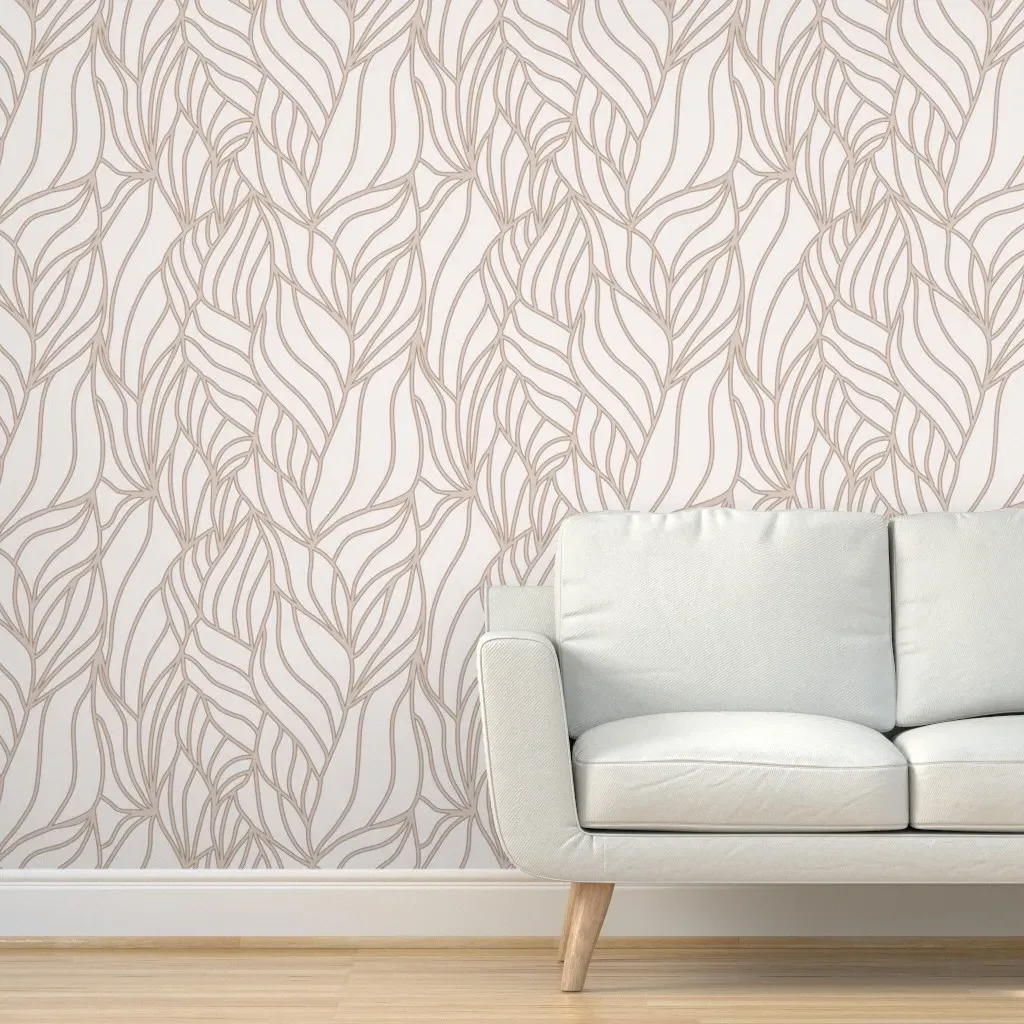 Abstract Leaves Line Art Peel and Stick Wallpaper - Beige product