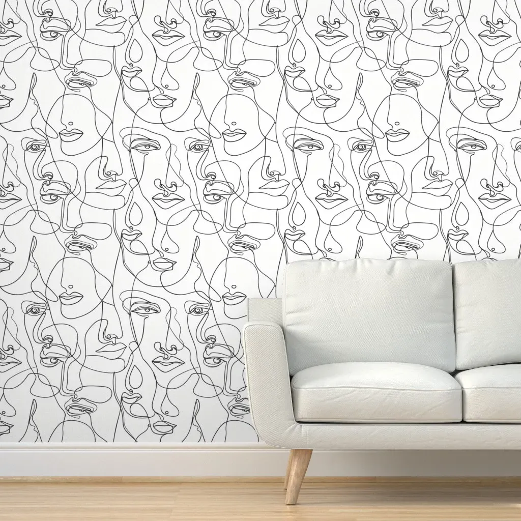 Abstract Line Art Faces Peel and Stick Wallpaper - Black product
