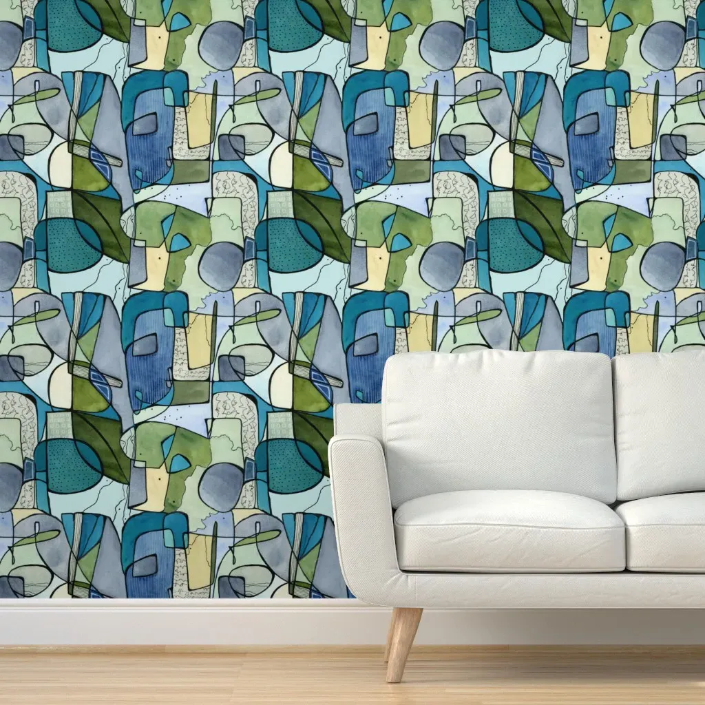 Abstract Line Art & Watercolor Peel and Stick Wallpaper - Teal product