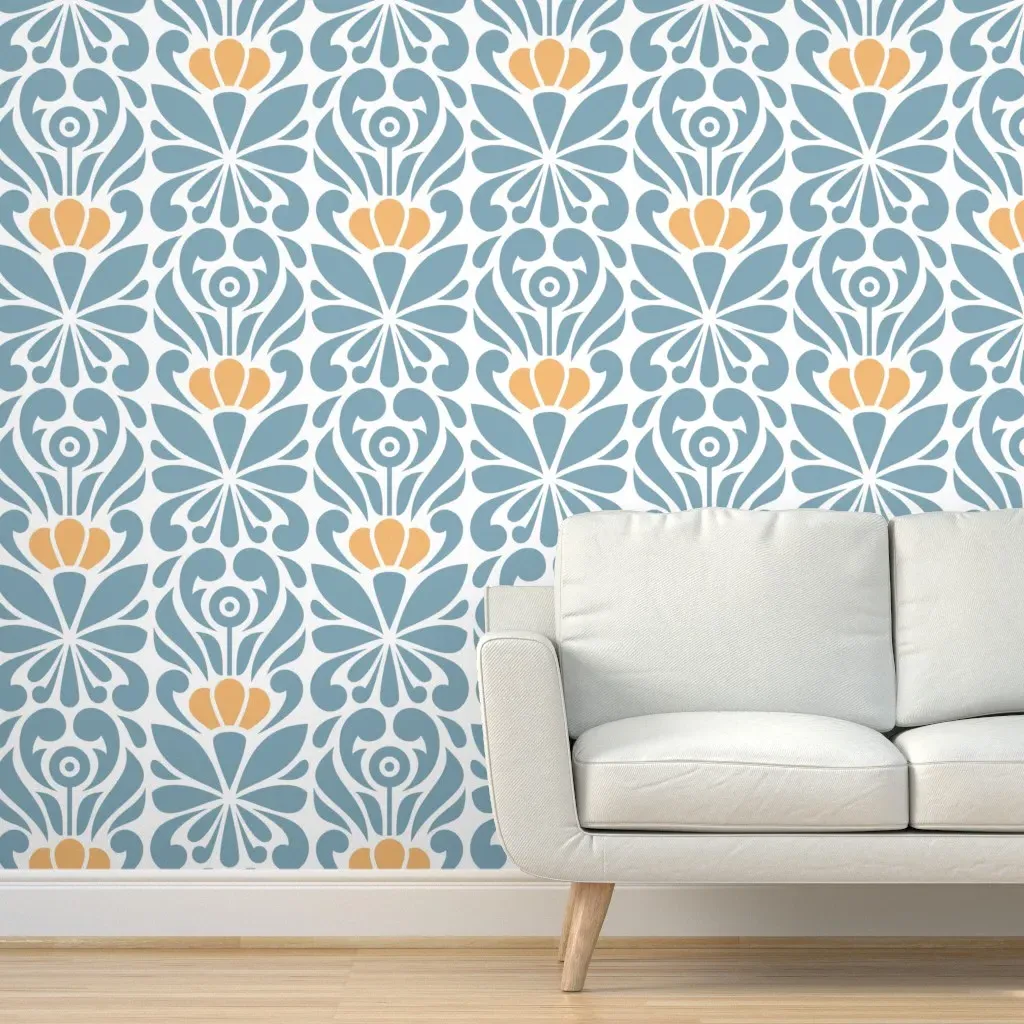 Abstract Linocut Floral Peel and Stick Wallpaper - Dusty Blue product