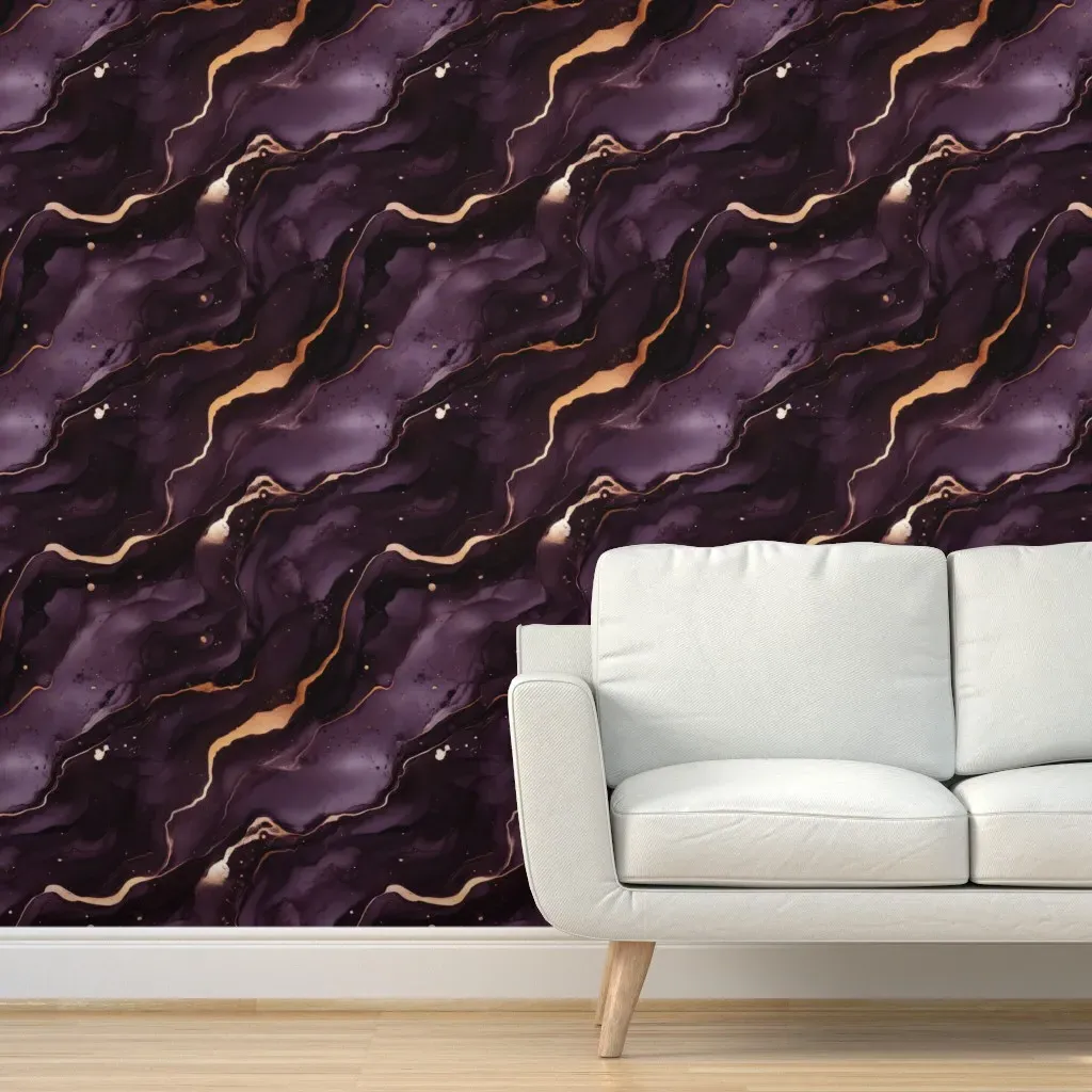 Abstract Marble Peel and Stick Wallpaper - Deep Purple, Gold product