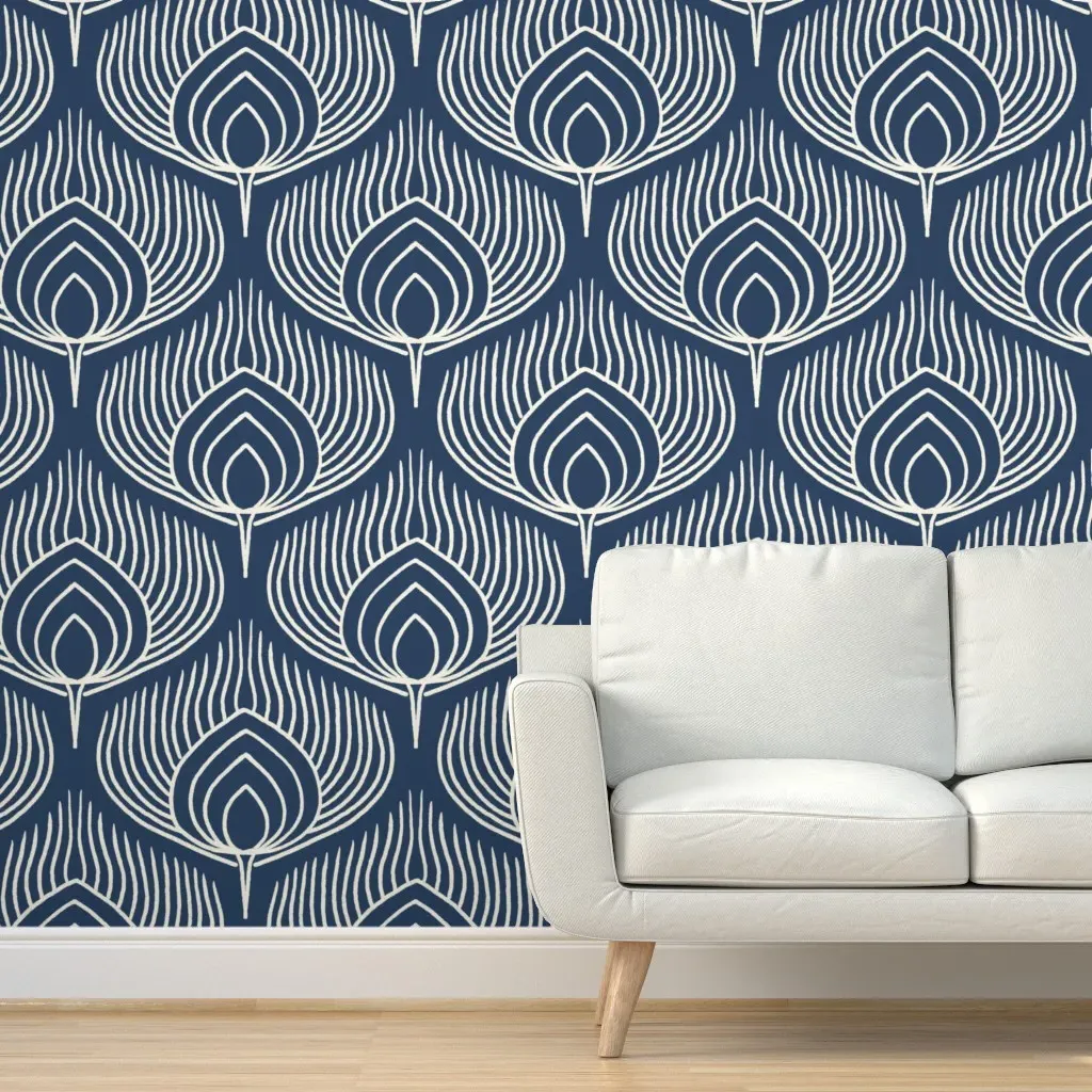 Abstract Peacock Feathers Peel and Stick Wallpaper - Dark Blue product