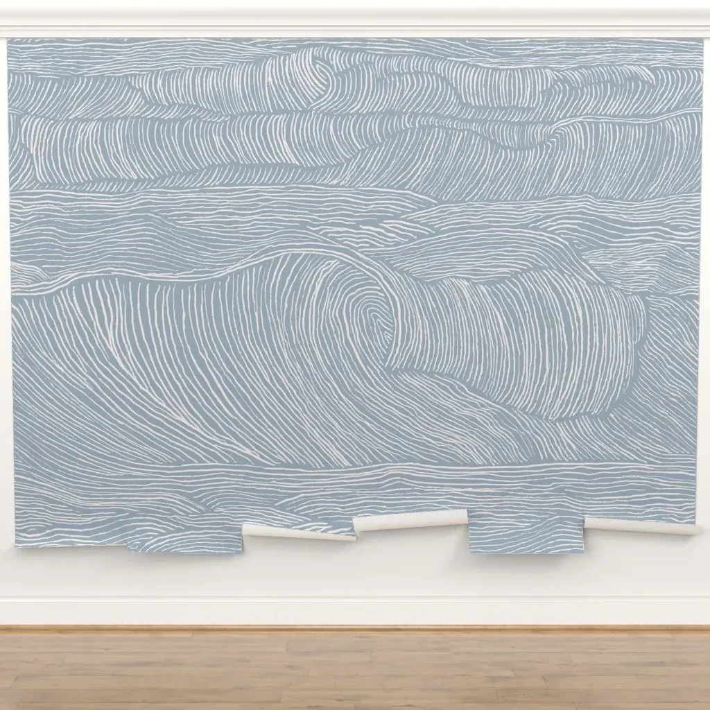 Abstract Rolling Waves Line Art Peel and Stick Wall Mural - Blue, White product