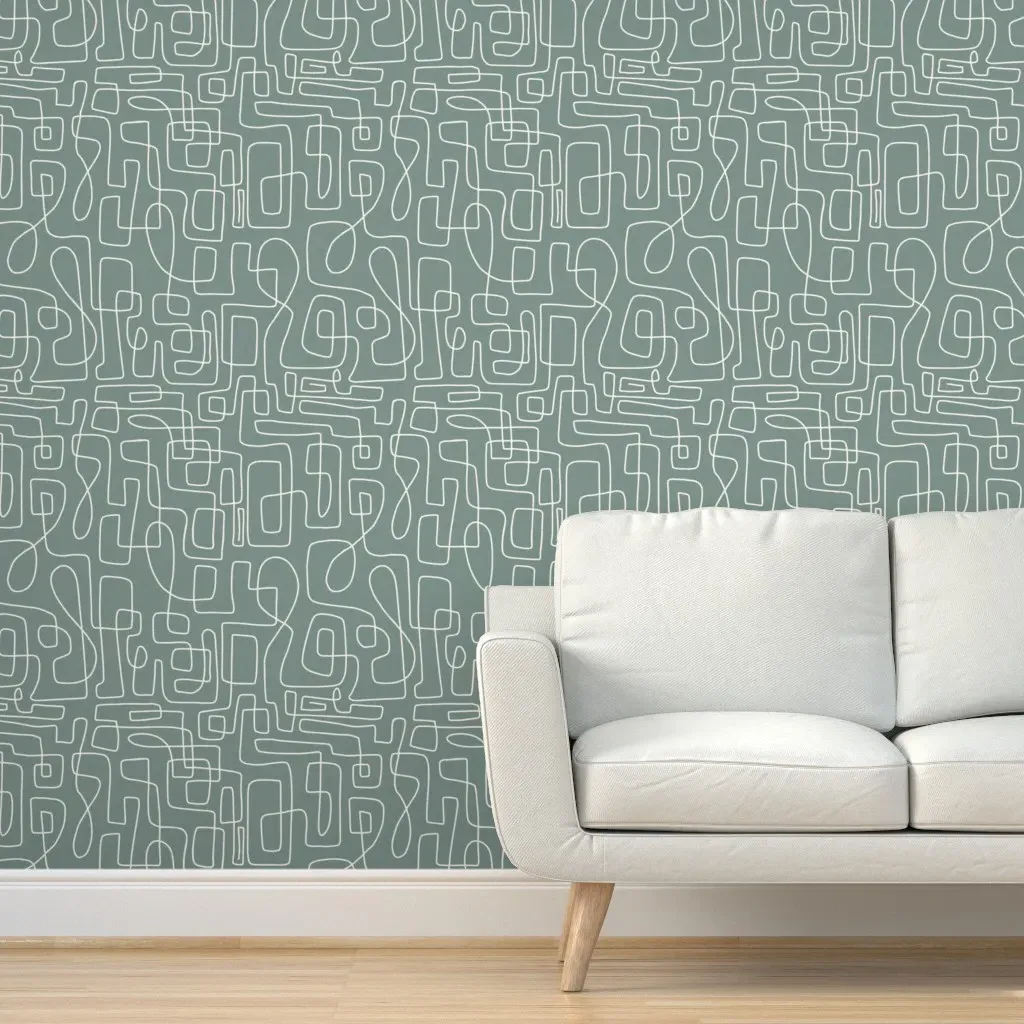 Abstract Squiggle Line Art Peel and Stick Wallpaper - Cream on Sage Green product