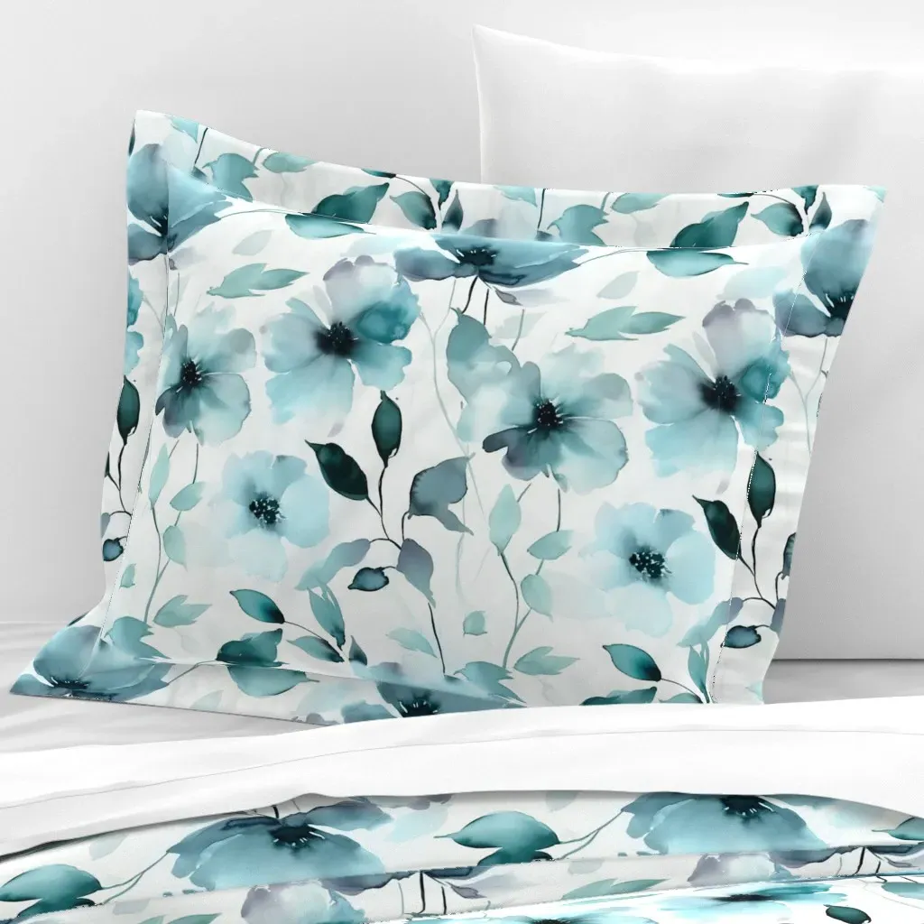Abstract Watercolor Floral Standard Flanged Pillow - Teal, Cotton Sateen product