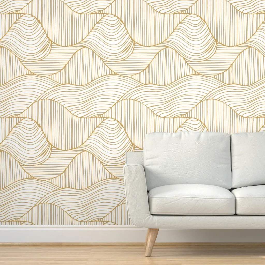 Abstract Wavy Line Peel and Stick Wallpaper - Gold, White product