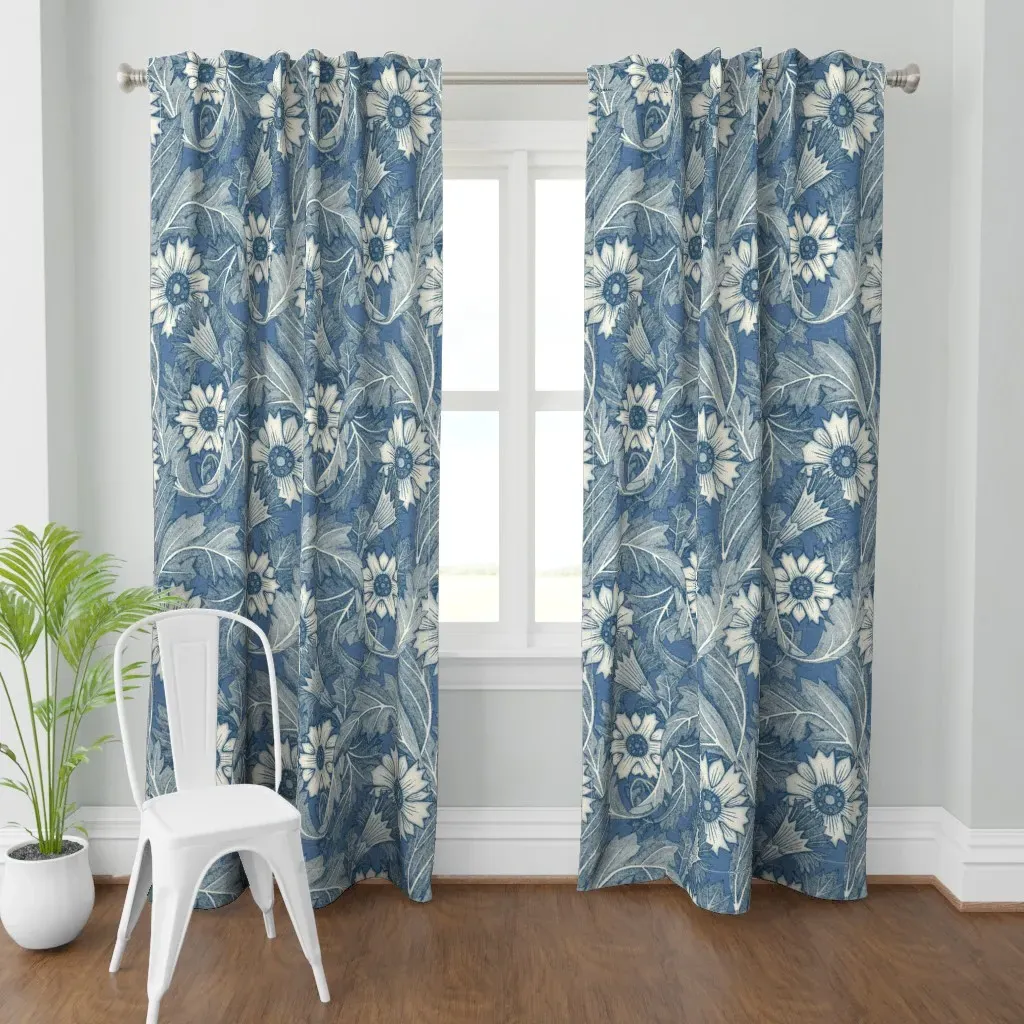 Acanthus Cobalt Denim Curtain Panel - White product