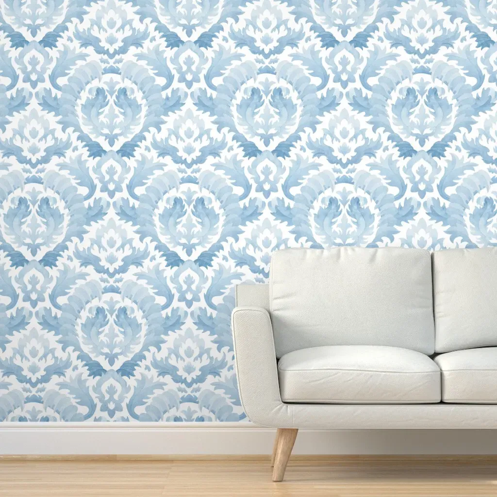Acanthus Leaves Watercolour Damask Peel and Stick Wallpaper - Light Blue product