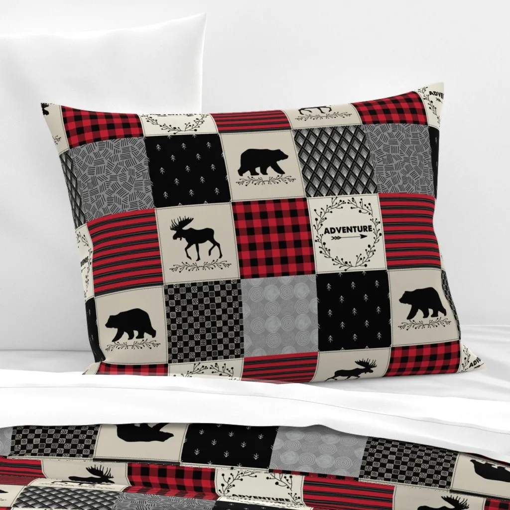 Adventure Patchwork Quilt Woodland Bear Moose - Black Red, Cotton Sateen product