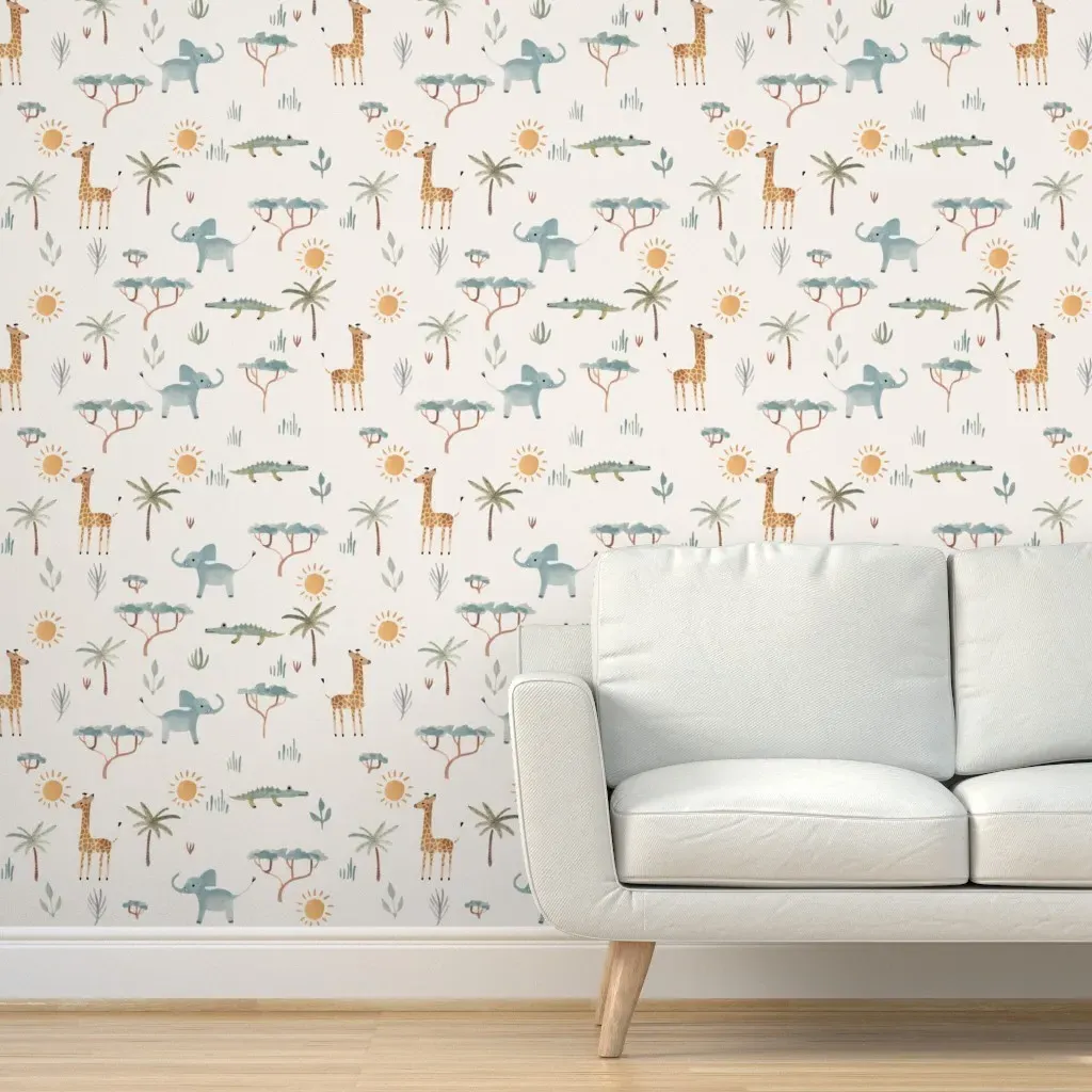 Africa Safari Watercolour Gouache Peel and Stick Wallpaper - Light Blue product