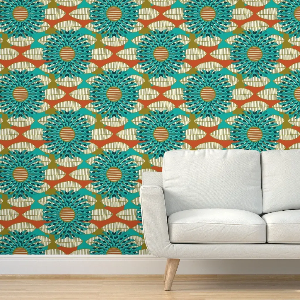 African Leaf Mandala Peel and Stick Wallpaper - Blue, Teal product