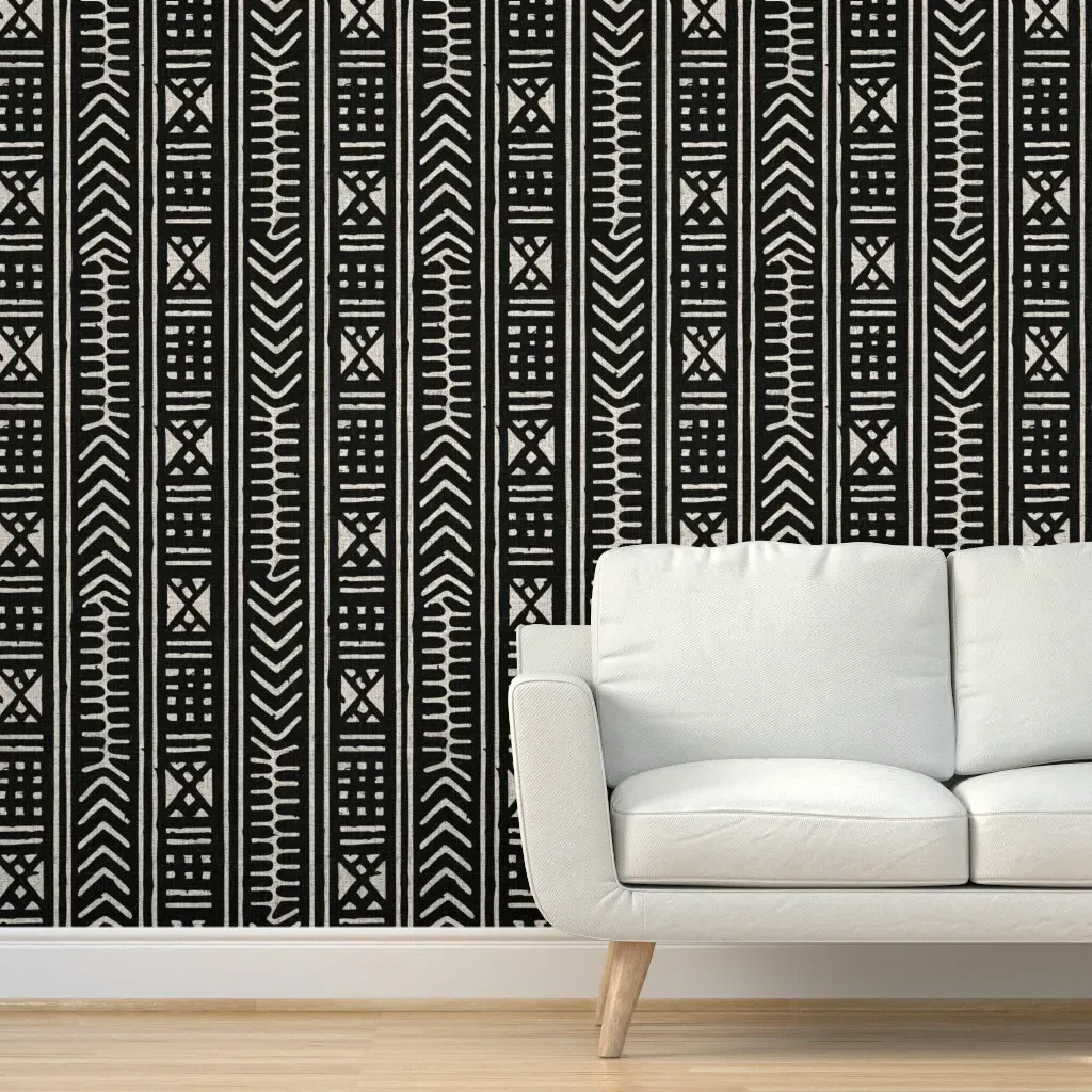 African Mud Cloth Bogolan Peel and Stick Wallpaper - Black, White product