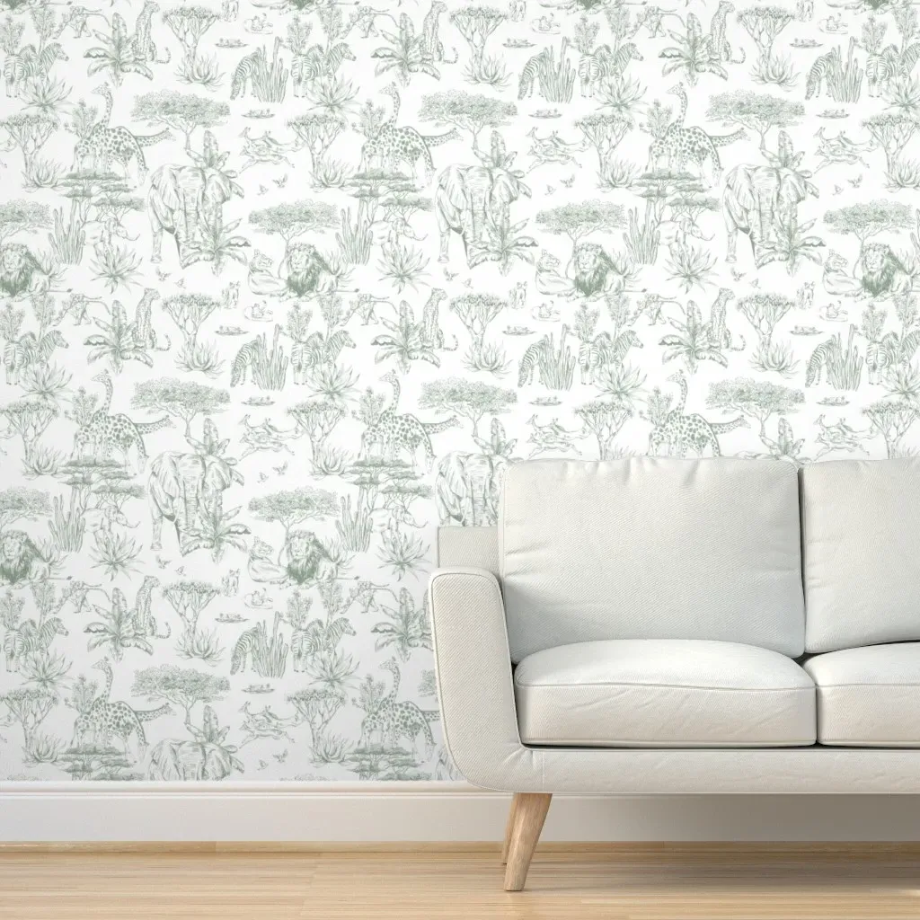 African Safari Animal Toile Peel and Stick Wallpaper - Sage Green product