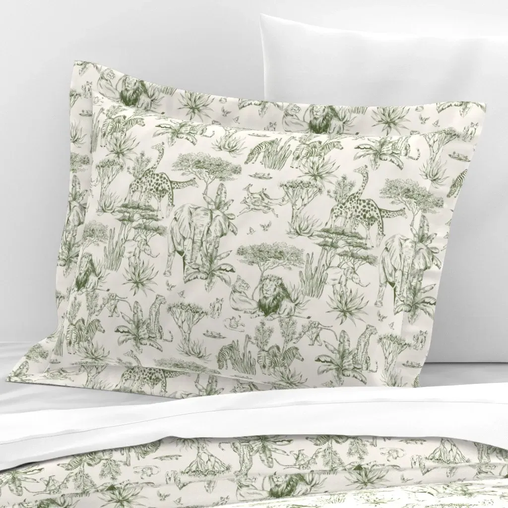 African Safari Animal Toile Standard Flanged Pillow Sham - Olive Green, Cotton Sateen product