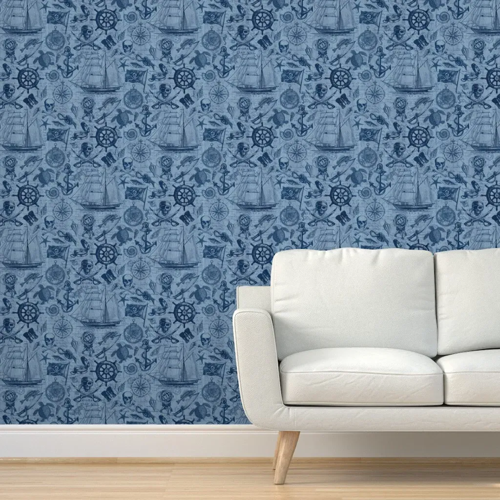 Ahoy Pirates Adventure of the Seven Seas Peel and Stick Wallpaper - Blue Denim product