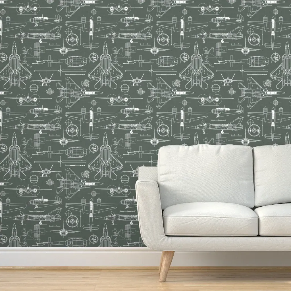 Aircraft Blueprint Peel and Stick Wallpaper - Moss Green, Linen product