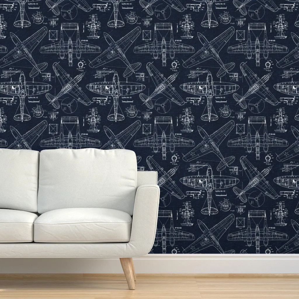 Airplanes Extra Large Scale Peel and Stick Wallpaper - Navy Blue, Linen product