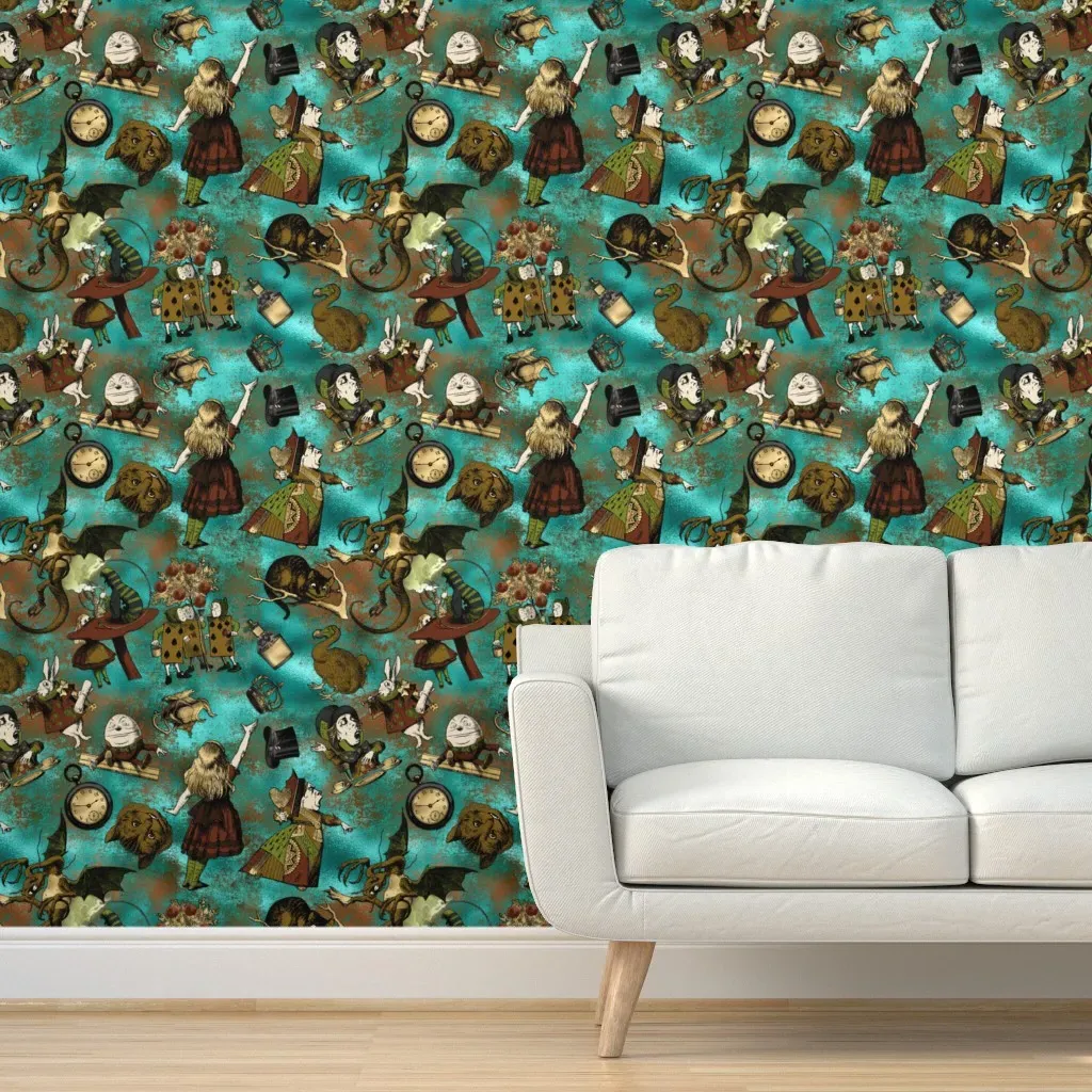Alice In Wonderland Autumn Copper Patina Peel and Stick Wallpaper - Teal product