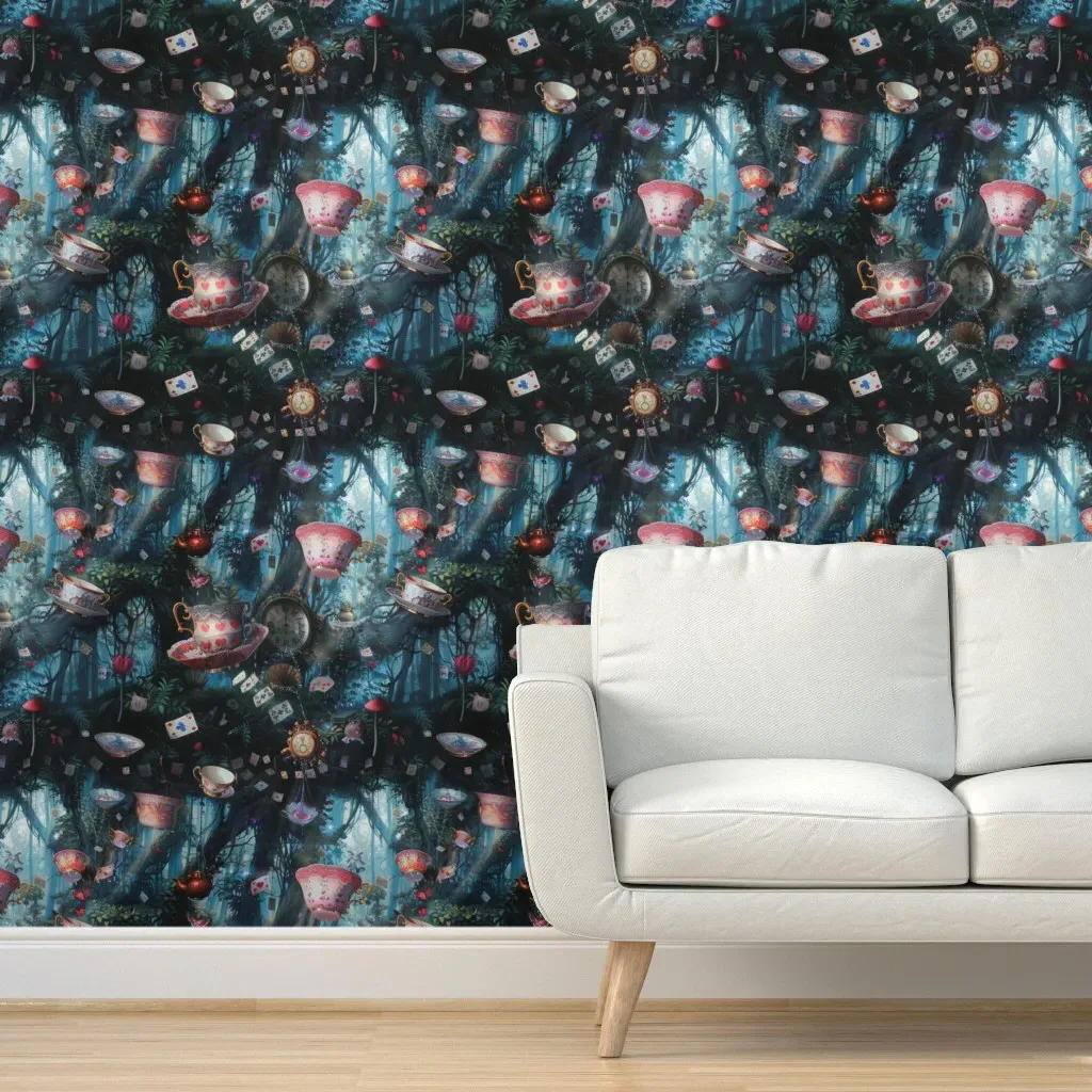 Alice In Wonderland Floating Forest Tea Party Wallpaper - Dark Teal product