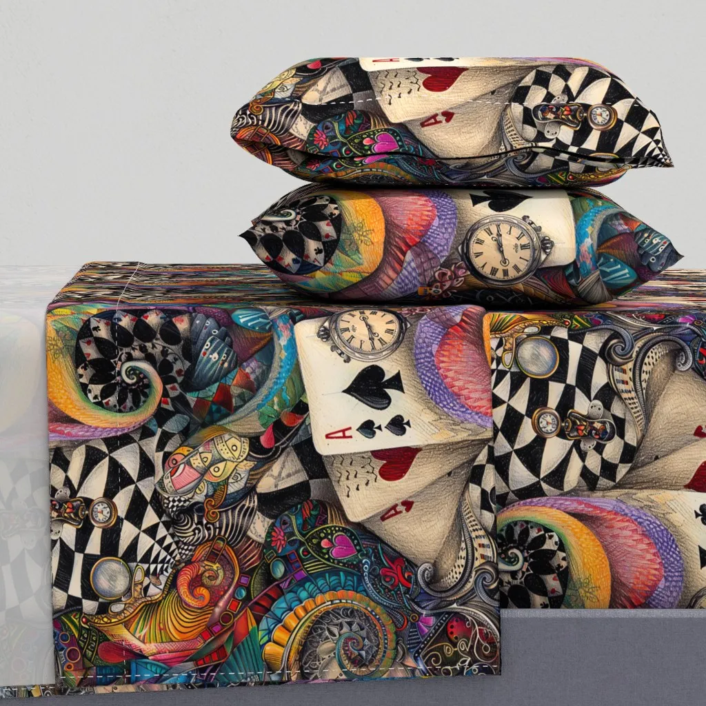 Alice In Wonderland Psychedelic Art Collage Queen Sheet Set - Deep Teal product