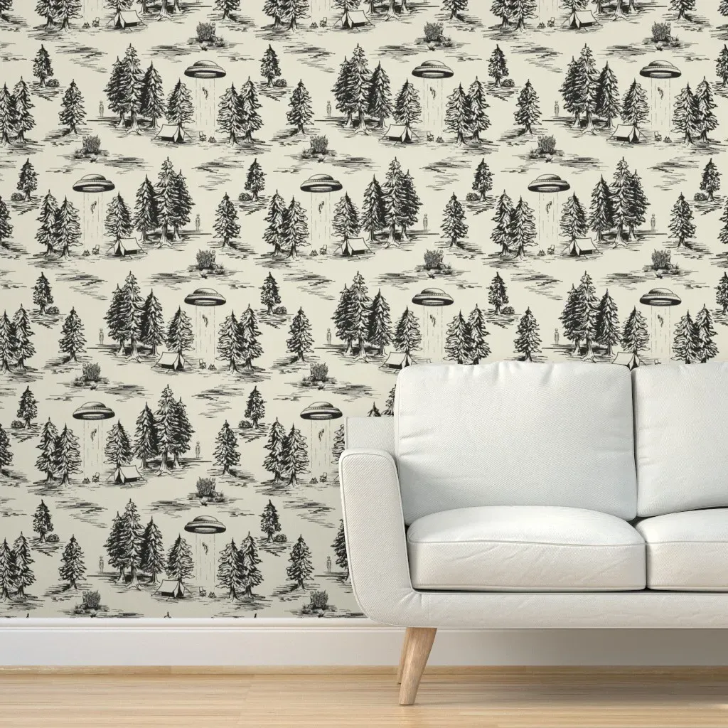 Alien Abduction Toile De Jouy Peel and Stick Wallpaper - Black, Beige product