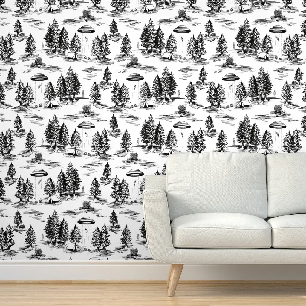 Alien Abduction Toile De Jouy Peel and Stick Wallpaper - Black & White product