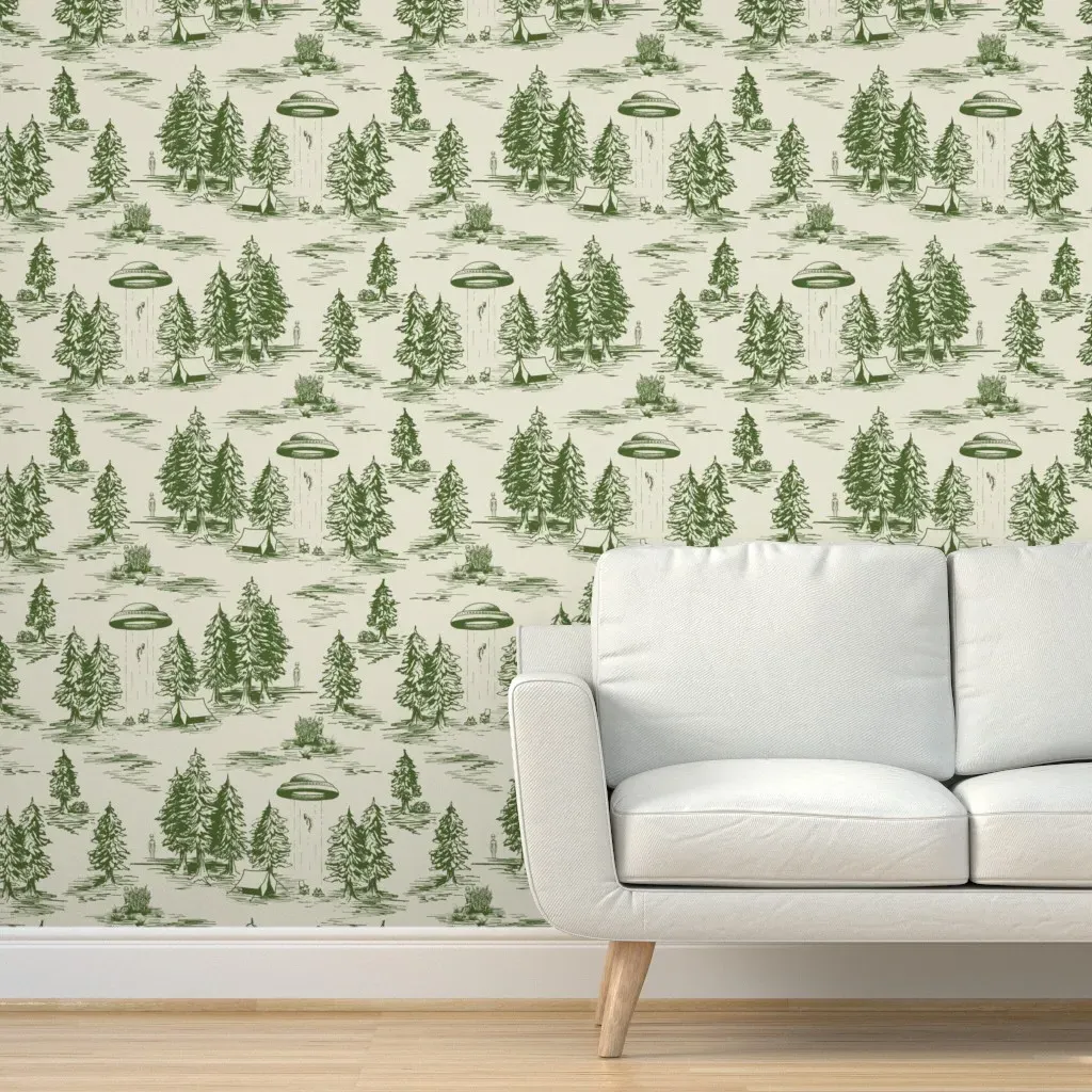 Alien Abduction Toile De Jouy Peel and Stick Wallpaper - Green, Beige product