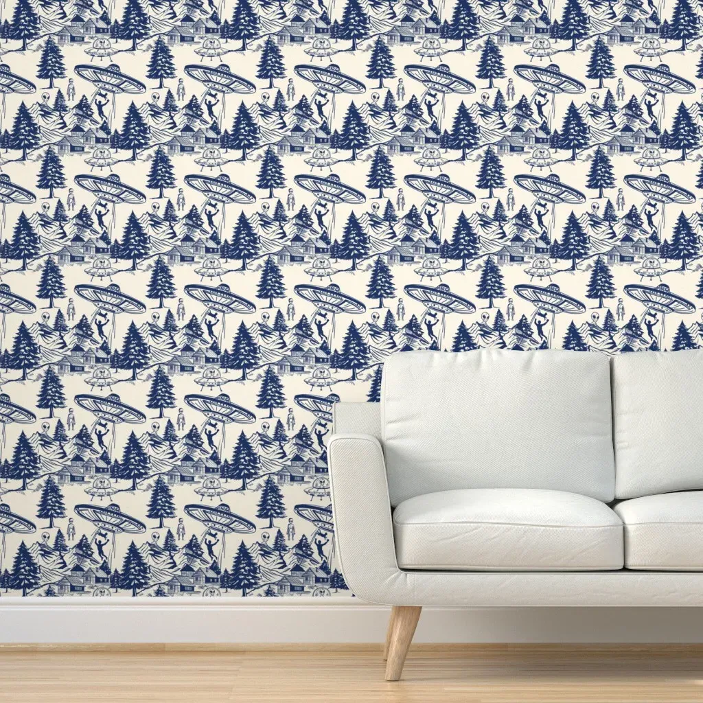 Alien Abduction Toile De Jouy Peel and Stick Wallpaper - Navy Blue product