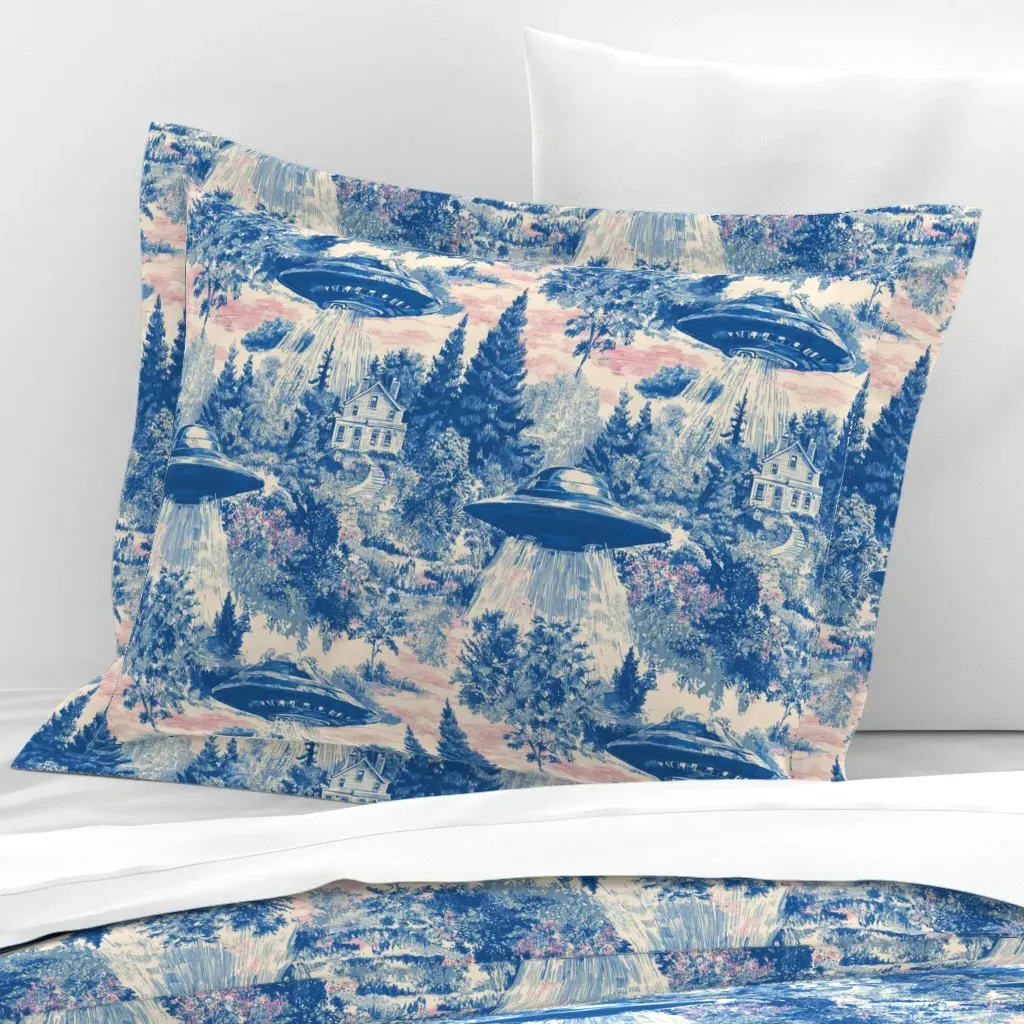 Alien Abduction Toile Standard Flanged Cushion Cover - Blue, Cotton Sateen product