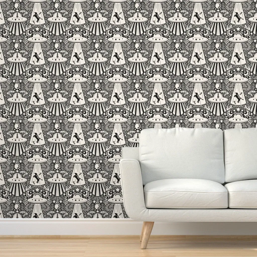 Alien Cow Abduction Peel and Stick Wallpaper - Black, Cream product