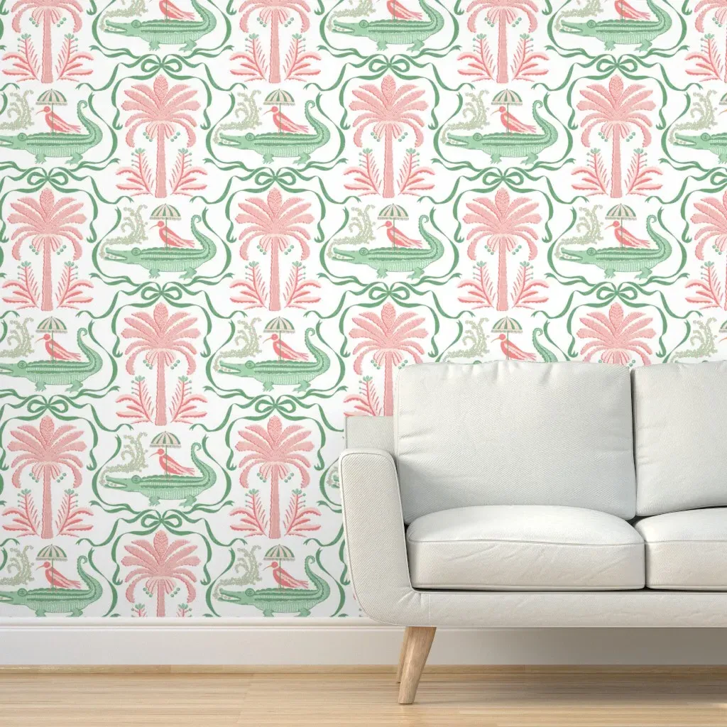 Alligator Palm Parade Peel and Stick Wallpaper - Pink, Green product