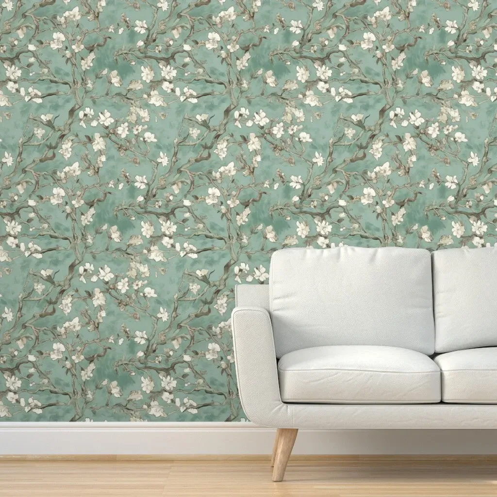 Almond Blossom Sage Green Van Gogh Peel and Stick Wallpaper - White product