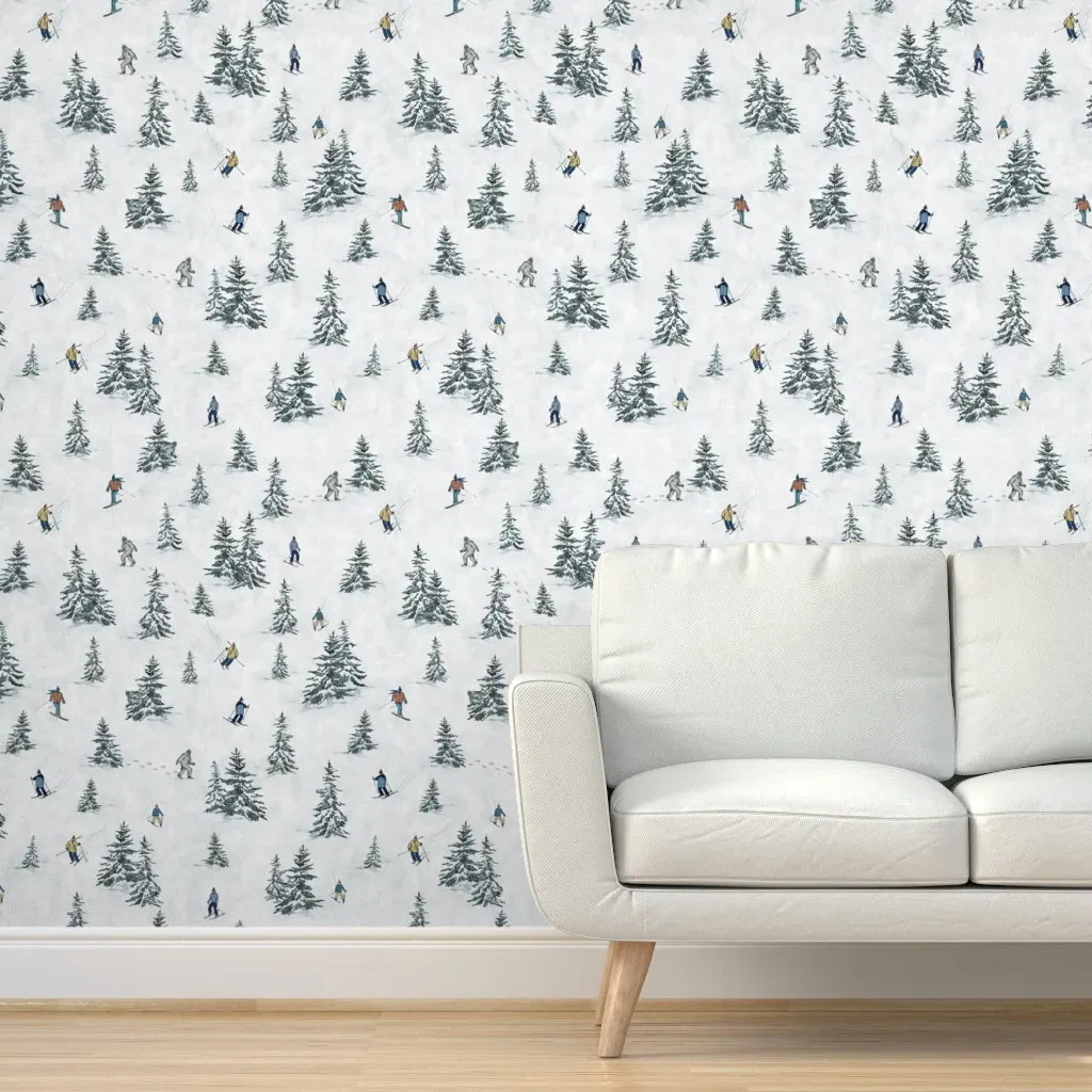 Alpine Skiers And Hidden Yetis Peel and Stick Wallpaper - Light Gray product