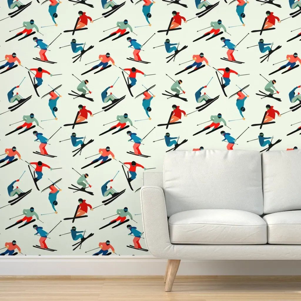 Alpine Skiers Peel and Stick Wallpaper - Neutral/Mint product
