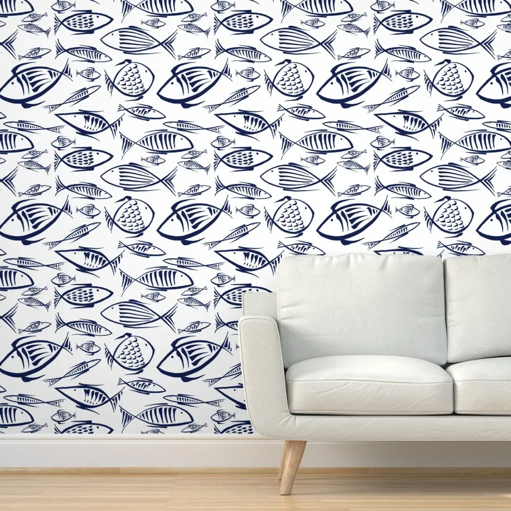 Among The Fishes Peel and Stick Wallpaper - Blue, White product