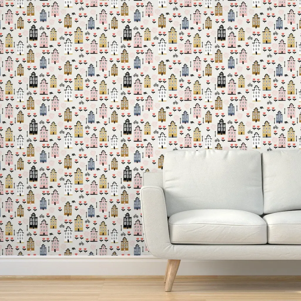 Amsterdam Houses & Bicycles Peel and Stick Wallpaper - White product