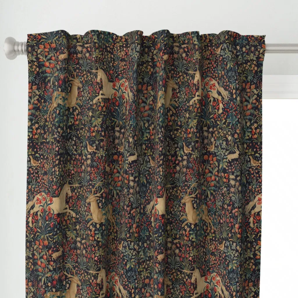 Ancient Medieval Unicorn Curtain Panel - Dark Blue alternate view